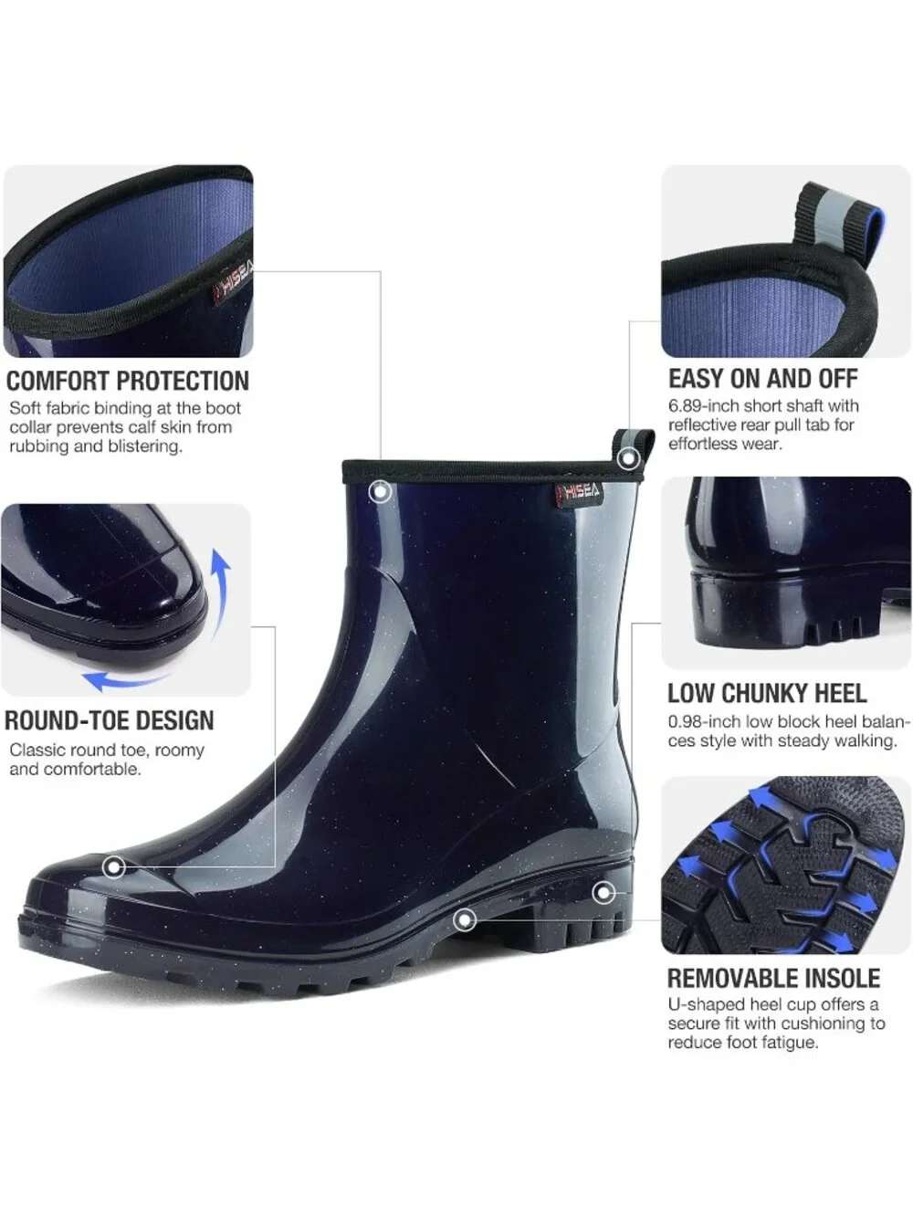 Women's Glitter Navy Blue Lightweight Ankle Garden Short Mud Waterproof Rainboot